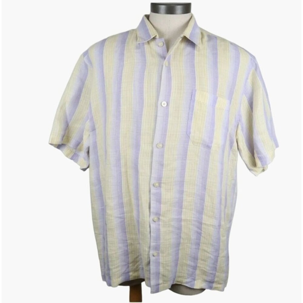 Tommy Bahama 100% Cotton Linen Shirt Men's Size Large Blue & Yellow Vertical Str